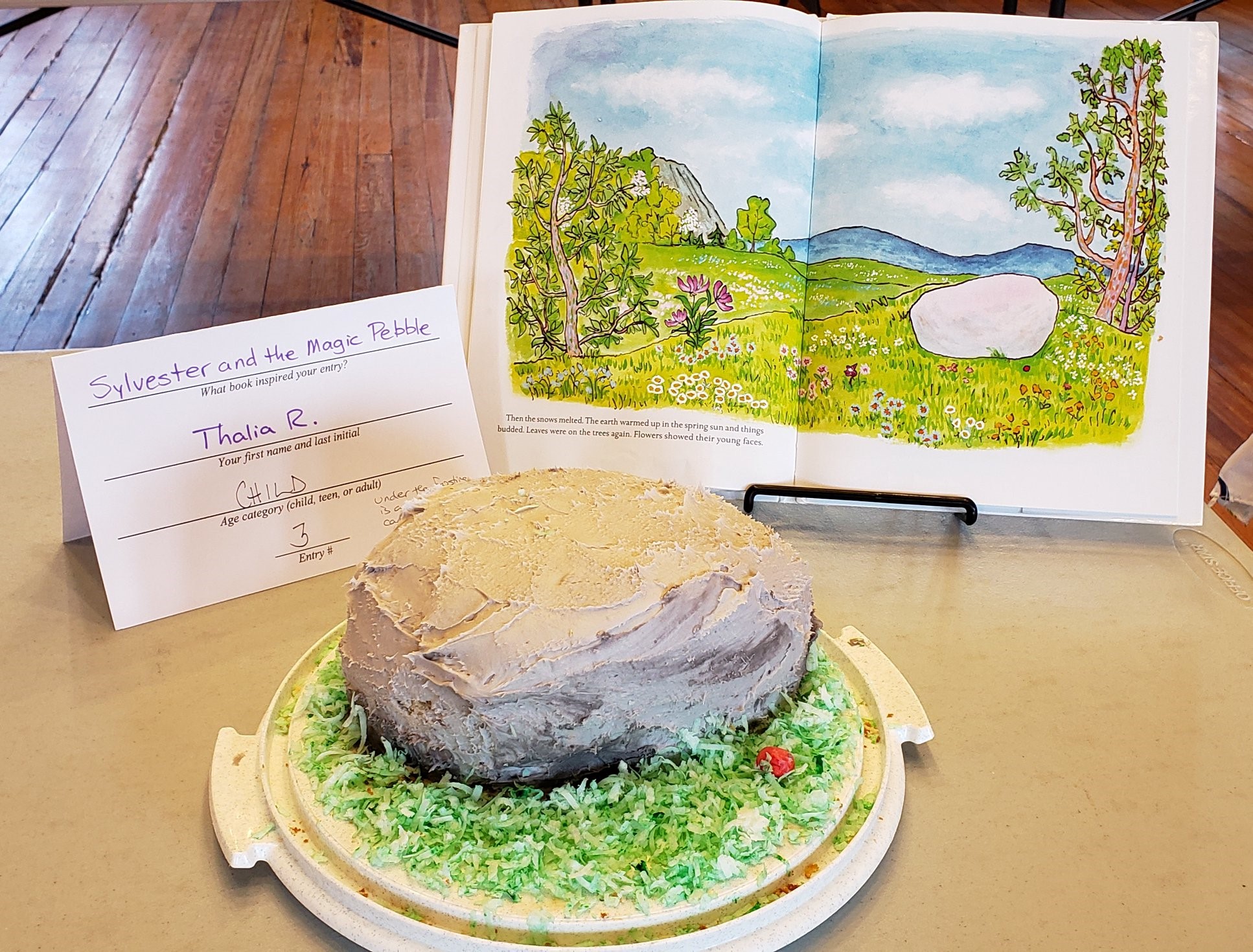 a cake made to look like a rock in the style of the book Sylvester and the Magic Pebble